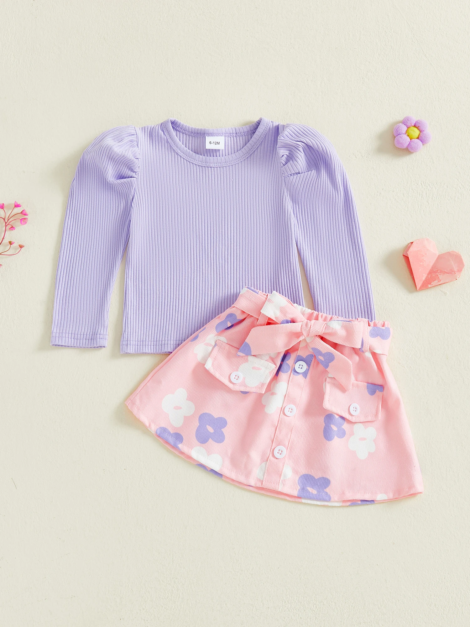 

Toddler Girls 3 Piece Clothing Set Long Sleeve Round Neck Solid Color Top Belt Floral Print Elastic Waist Skirt Outfit