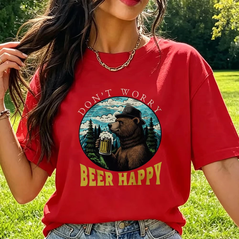 Don't Worry Beer Happy Forest Bear Graphic T Shirt Women Vintage Woodcut Mountain Circle Cotton Tees Outdoor Beer Lover Tops