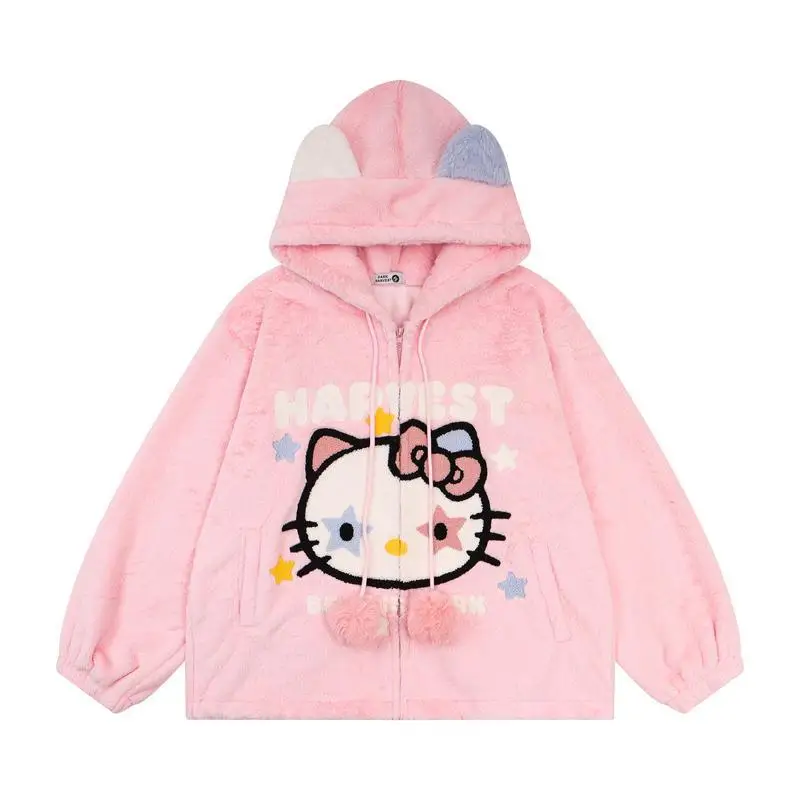

Ретро вышитая Толстовка с капюшоном Hello Kitty Sanrioed Рождественская кавайная свободная теплая толстовка для пар