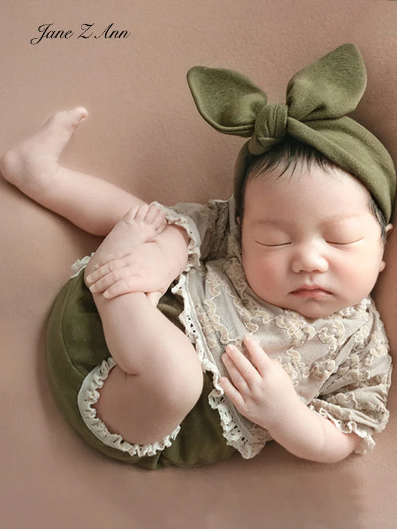 Newborn photography clothing baby hairband jumpsuit studio props infant girls green outfits