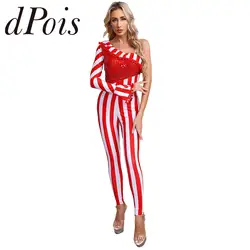 Womens Christmas Candy Cane Bodysuit Shiny Sequins Ballet Dance Gymnastics Leotard Adult Xmas New Year Party Performance Costume