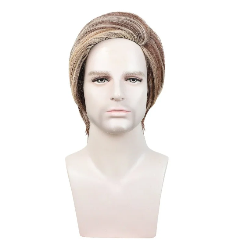 

Прямой вьющийся короткий мужской темно-коричневый золотой парик из натуральных волос