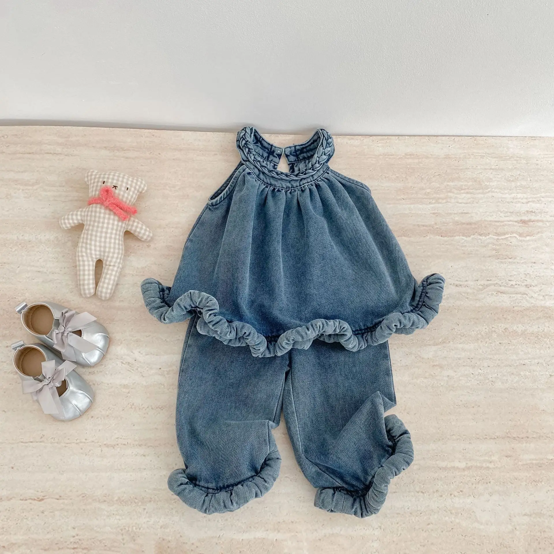 New Children's Clothing Set for Girls, Summer Design, Sleeveless Denim Woven Halter Top, Long Pants with Irregular Hem