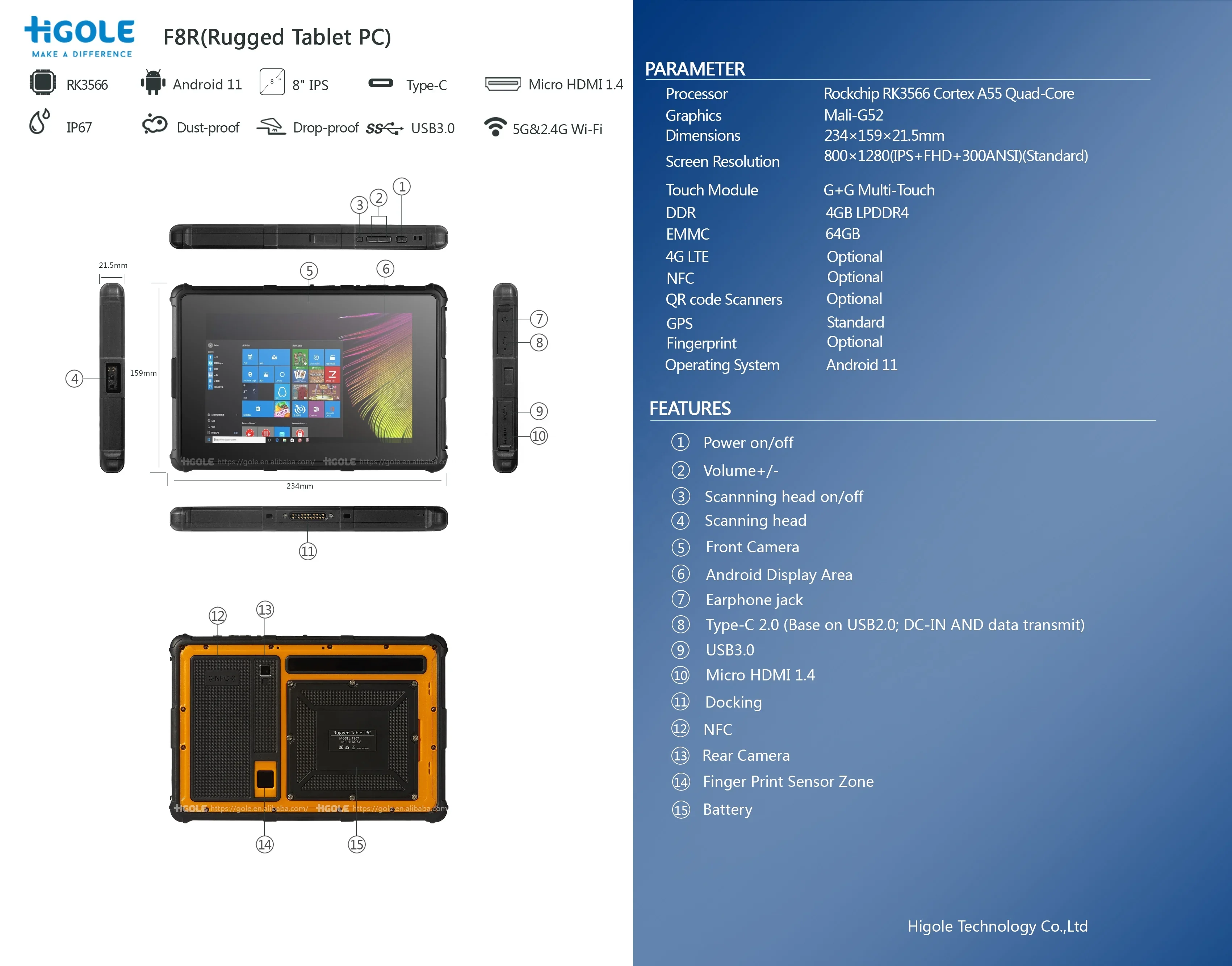 Factory10 inch Handheld Indestructable Outdoor Fingerprint GPS LTE Industrial Rugged Tablet