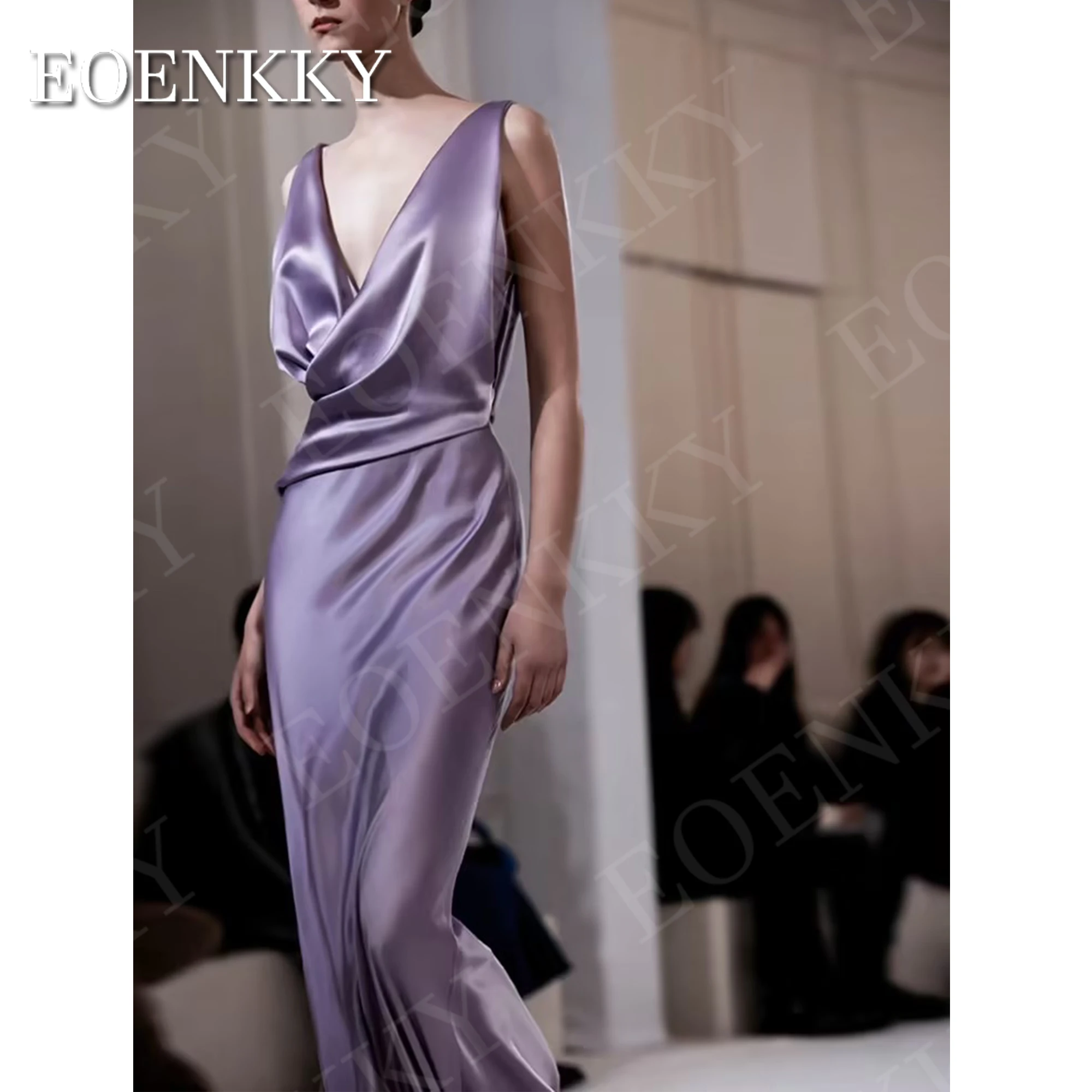 EOENKKY Simple Satin Evening Dress Dubai فساتين سهره سعوديه Sexy V Neck Sleeveless Mermaid Special Occasion Dresses Floor Length