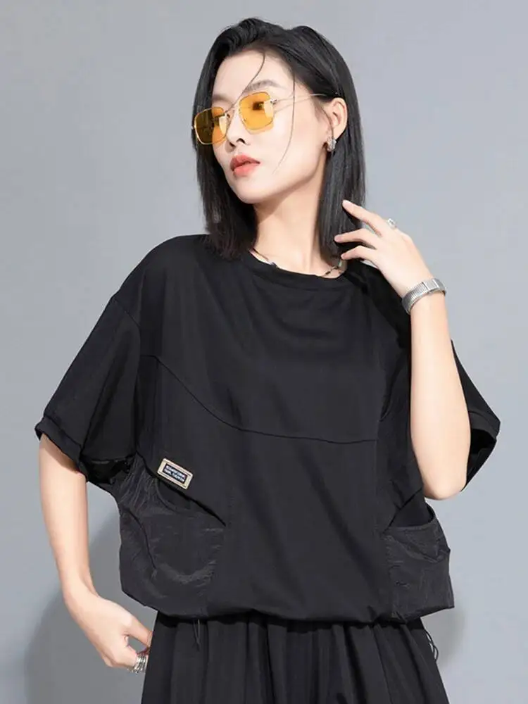 Grünes Colorblock-T-Shirt mit Kordelzug für Damen in Übergröße, Neues Rundhals-Design mit Halblangen Ärmeln, Modisch für Frühling und Sommer 2026 1DH