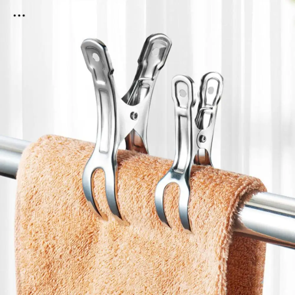 6pcs Stainless Steel Beach Towel Clips Laundry Pinch Pin Washing Clips Clothes Pegs Home Bathroom Organization For Socks