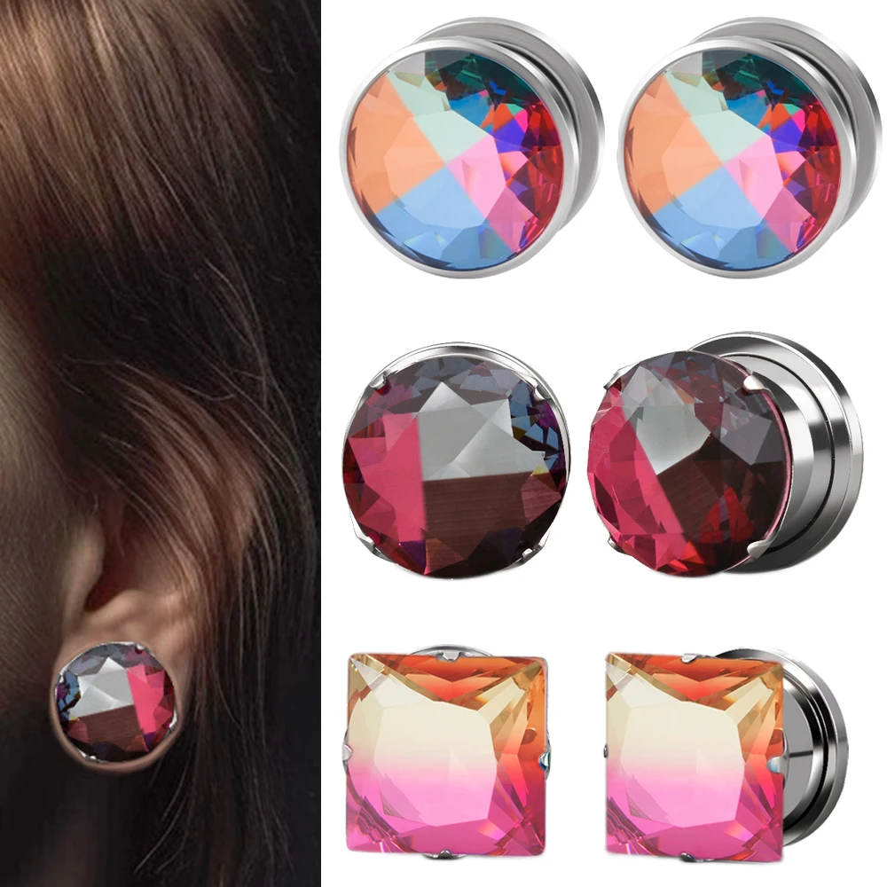 PAIR Stinless Steel Rainbow Double Flared Screw  Tunnel Plug Prong Zircon Ear Gauges Expander Piercing Jewelry 6mm-16mm