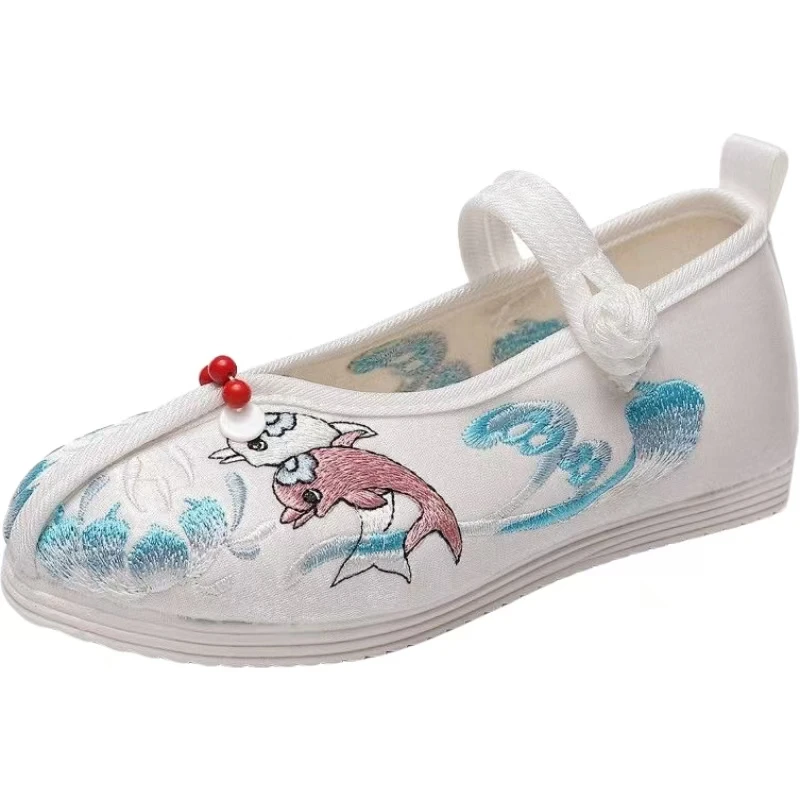 Girls Flat sole Embroidered Cloth Shoes Spring Summer New Soft Sole Non Slip Round Toe Buckle Strap Ethnic Style Hanfu Shoes