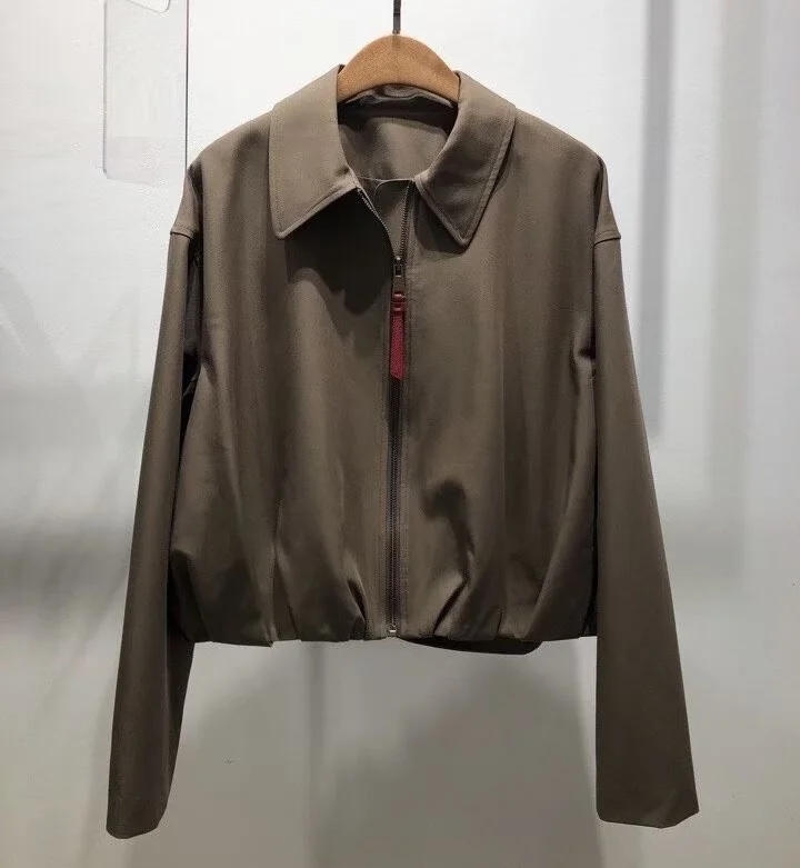 

High Quality New Jackets 2025 Autumn Winter Coat Women Turn-down Collar Front Zip Waist Patchwork Long Sleeve Khaki Black Coats