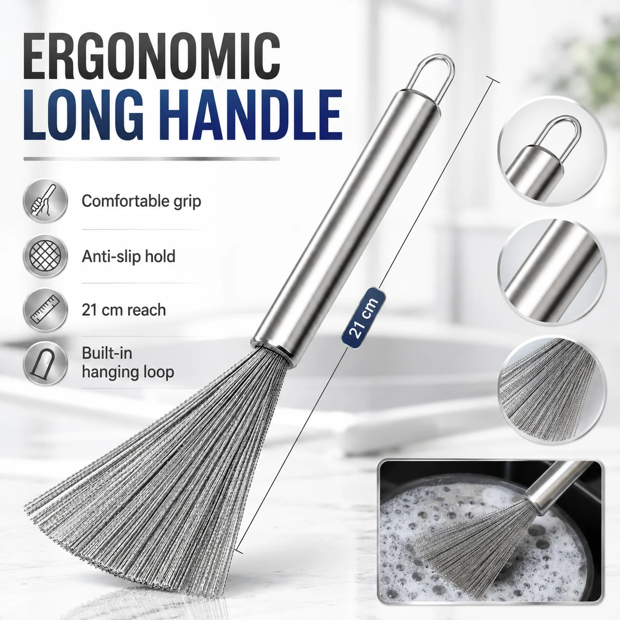 Stainless Steel Pot Scrubber, Kitchen Long Handle Wire Brush, Efficient Non Scratch Hanging Cleaning Tool for Cookware