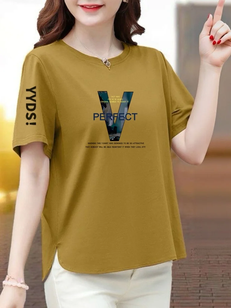 

Loose Fit Short Sleeve T-Shirt Women's Mid-Aged Mom Style Casual Wear Polyester Fiber round Neck Print Top