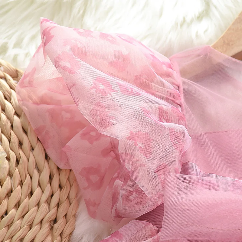 Summer New Pink Mesh Clothes Children Pearl Puff Sleeve Dresses Girl Sweet Princess Dress Cute Tutu Children Skirt With Headband