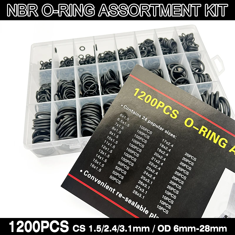 

1200Pcs Assortment Black NBR O-Ring Nitrile Rubber Sealing Kit CS 1.5/2.4/3.1mm OD 6-28mm Oil-Proof for Cars Machinery Workshop