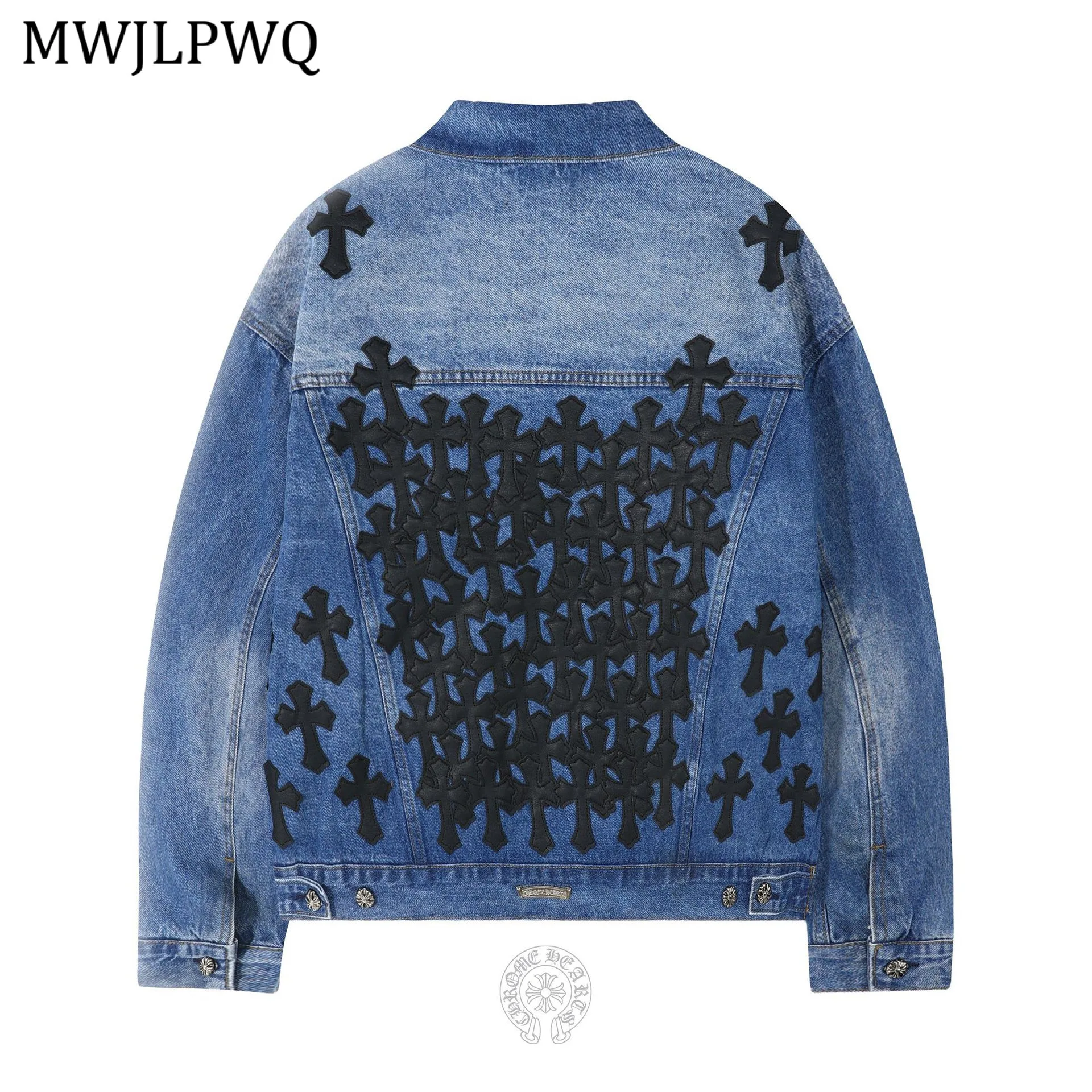 

MWJLPWQ High Street Spliced Patch Design Denim Jacket Male Hiphop Single Breasted Washed Vintage Unisex Casual Loose Tops 11379