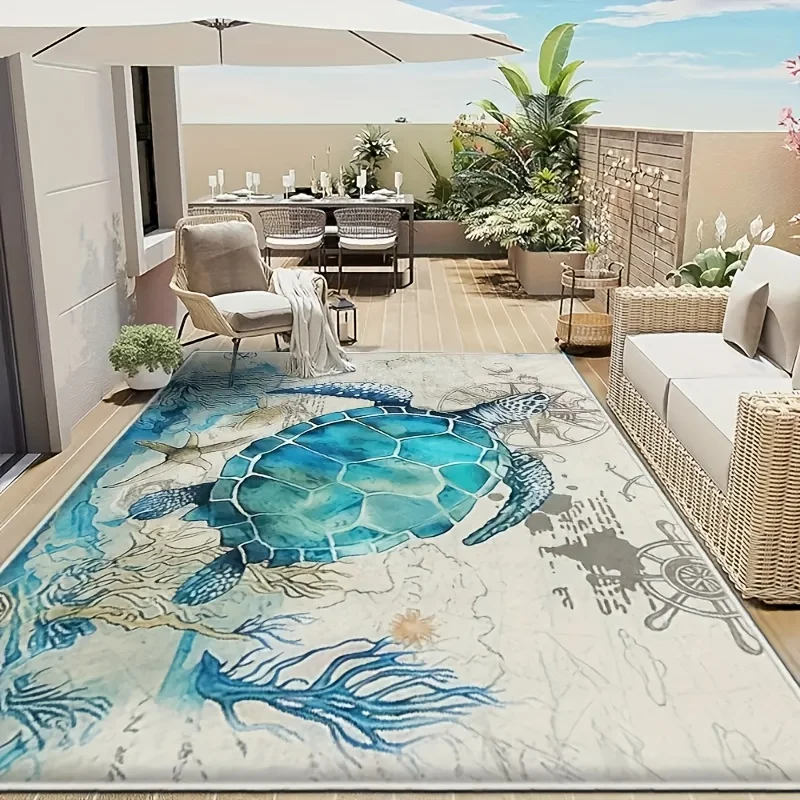Ocean Theme Turtle Floor Mat - Creative Coastal Design Area Rug - Indoor Outdoor Home Decor Patio Balcony Camping Carpet Rug