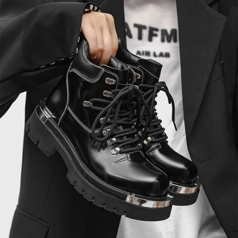

Thick-soled Lace Up Men Leather Short Motorcycle Boots Fashion High-top Men's Casual Shoes Street Style Young Man Trend Sneakers