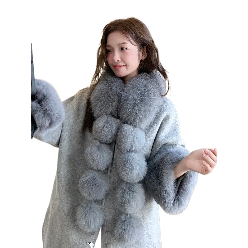 

Новый длинный шарф из лисьей шерсти с бахромой, большой шарф с шариком волос, темпераментный, сладкий и крутой, универсальный шарф из натурального меха, шаль с меховым воротником