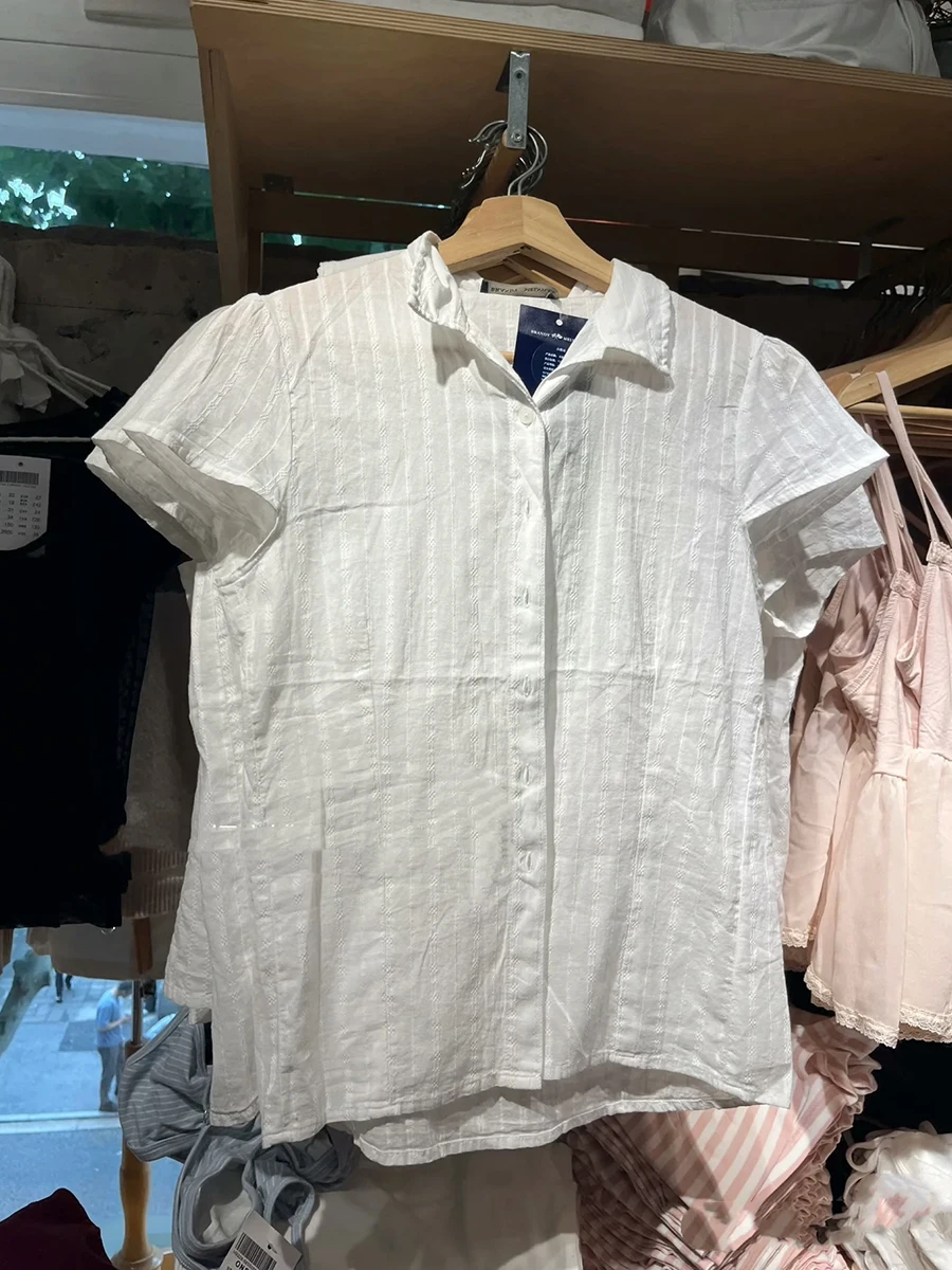 

White Hollow Out Embroidery T-shirt Blouse Women Turndown Collar Single Breasted Tee Shirts Casual Sweet Short Sleeve Blouses