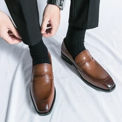 Designer Fashion Mens Loafers Leather Handmade Brown Casual Spring New Business Dress Shoes Pointed Party Wedding Men's Footwear