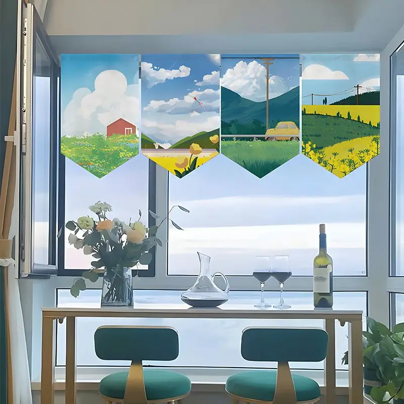 Cartoon Countryside Landscape Triangle Japanese style Door Head Short Curtain Partition Curtain Coffee Shop Kitchen Home Decor