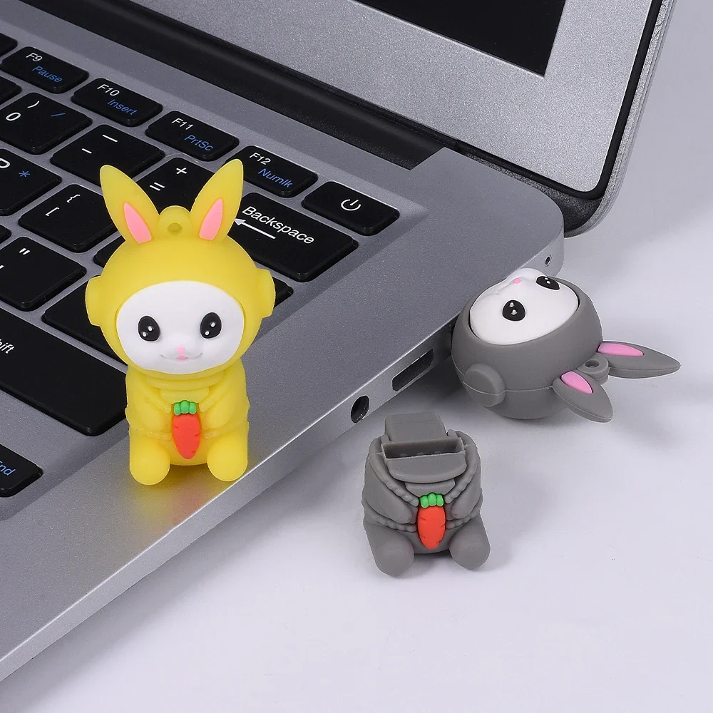 Cartoon Rabbit with Carrots USB Flash Drive 128GB Silicone Memory Stick Free Key Chain 64GB Creative Gift Pen Drive 32GB