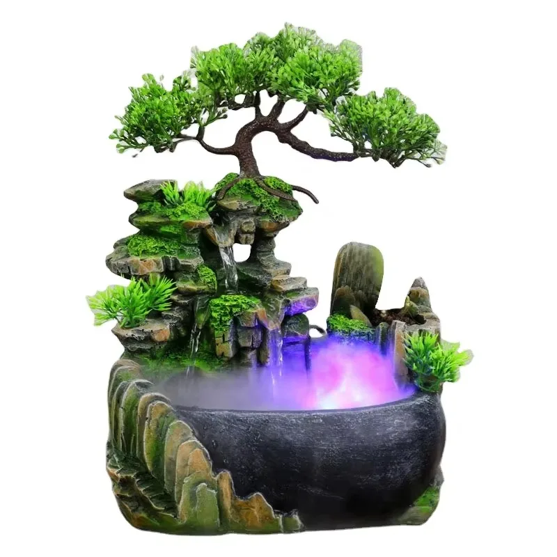 Resin Rockery Waterfall Fountain With LED Light And Humidifier For Zen Meditation Home Office Desk Decor All Season Ornament