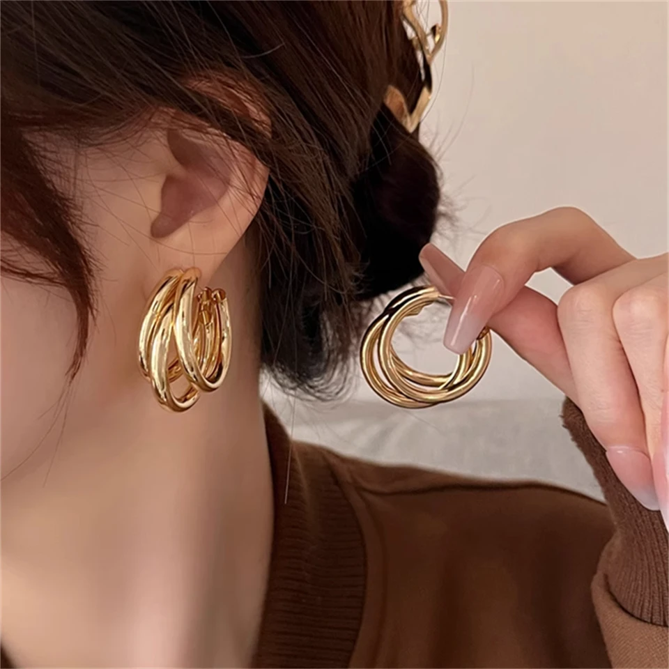 RAKOL Gold Silver Color Hoop Earrings For Women Korean Fashion Three-layer Hoops Big Thick Round Earrings Piercing Jewelry Gifts