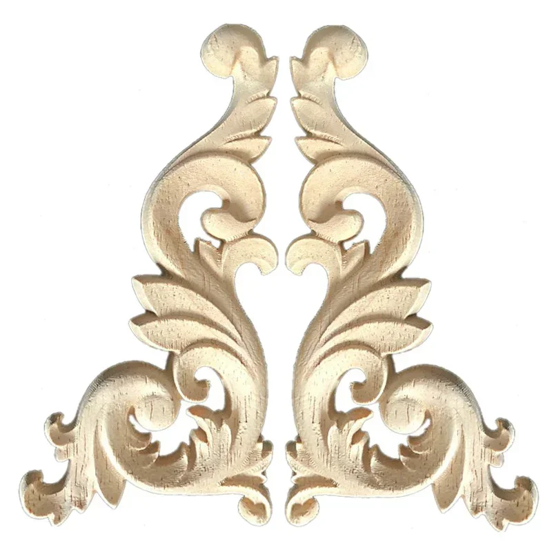 4PCS Chinese Carving Solid Wood Appliques for Furniture Cabinet Unpainted Wooden Mouldings Decal Vintage Home Decor Decorative