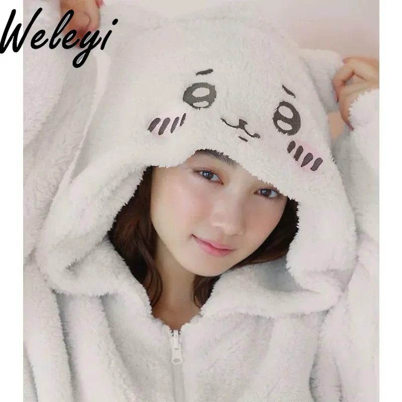 Kawaii Sweet Japanese Night Wears for Women Sleepwear Winter Fashion Long Sleeves Positive and Negative Cotton Hooded Pijamalar