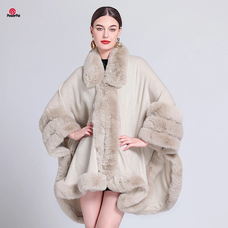 Full Trim Three Layers Faux Fur Sleeves Cape Overcoat Long Knit Acrylic Cashmere Cardigan Cloak Coat Winter Women Outerwear