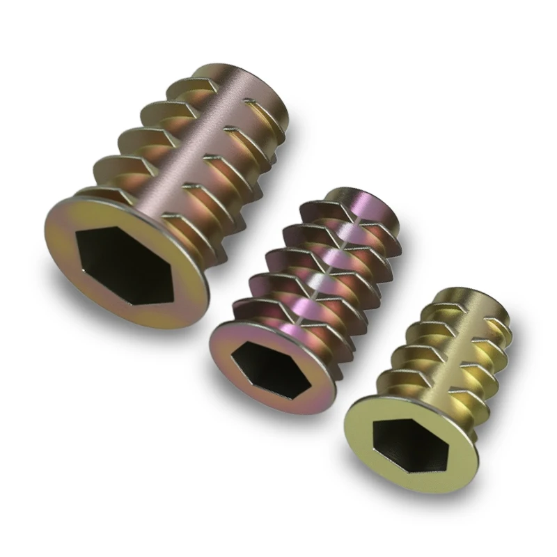 Porca de móveis de madeira liga de zinco encanta porcas de inserção m4m5m6m8m10 hexágono soquete allen cabeça rosca embutida porca de inserção e-porca