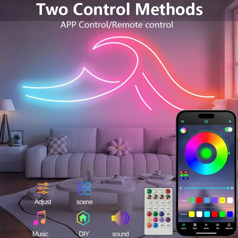 150 FT RGB neon light strip controlled app and remote control Waterproof Music Sync Color Changing Rope for Bedroom Living Game