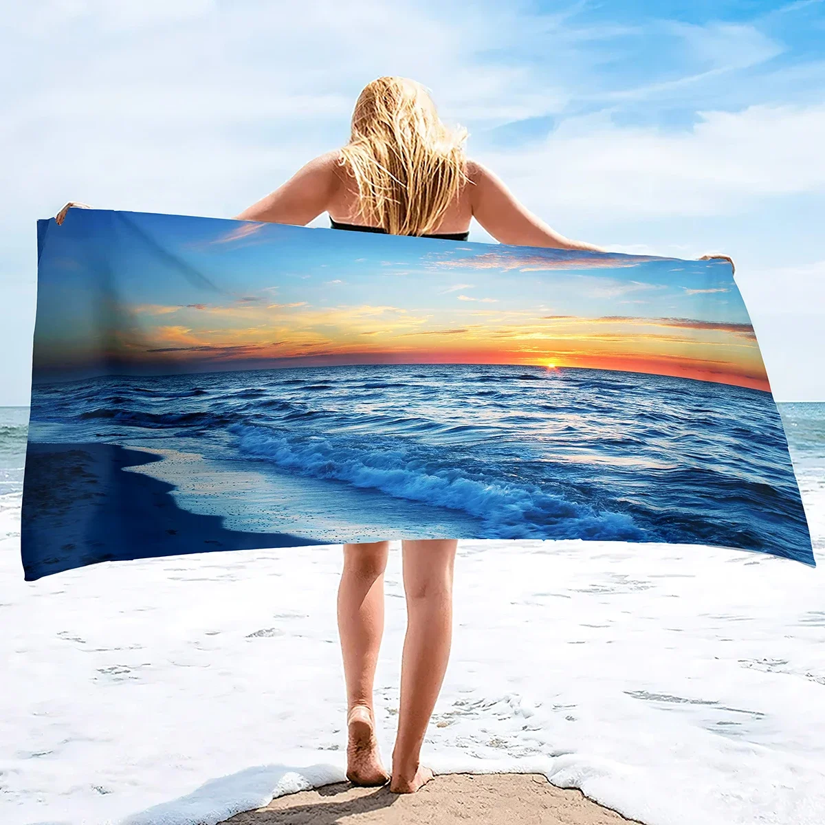 Beach Bath Pool Absorbent Towel,Beach Seaside Sunset Beach Waves Coastal,Light Weight Washcloth Quick Dry Sand Free Pool Towels