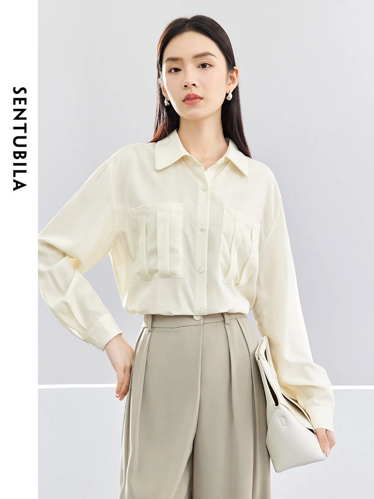 SENTUBILA Apricot Lyocell Spring Shirt for Woman 2025 Fashion Lapel Button Shirts & Blouses Casual Loose Womens Tops 143C56410X