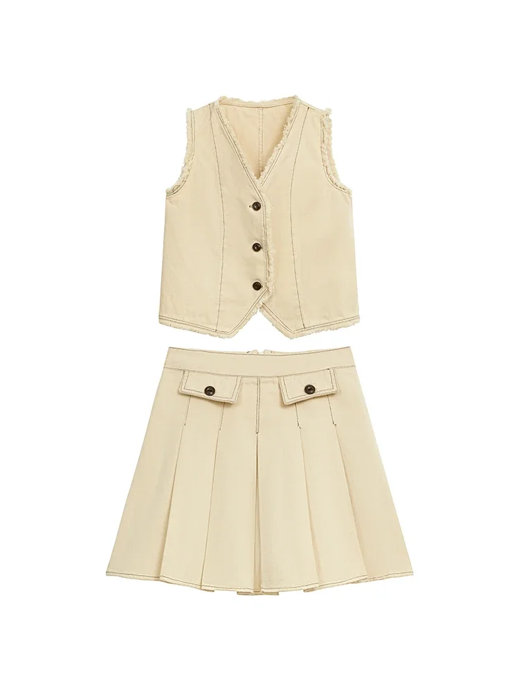 

Summer Women Vacation Old Money Office Lady Stylish Suit Outfits 2 Piece Set Vintage Single-breasted Vest + Mini Pleated Skirt