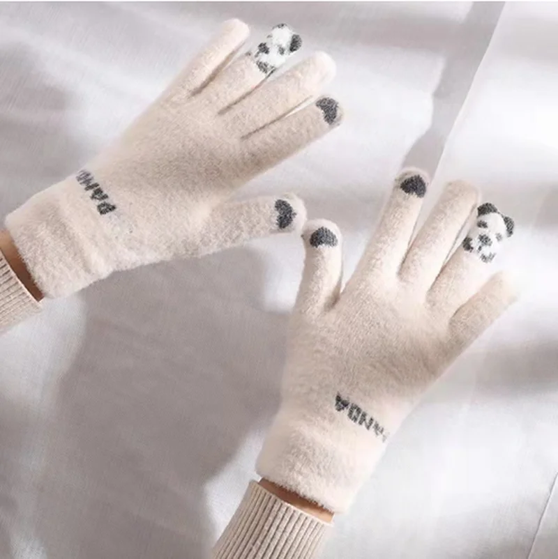 2022 New Full Finger Gloves Warm Thick Cycling Driving Fashion Women Men Winter Warm Knitted Woolen Outdoor Cute Panda Gloves