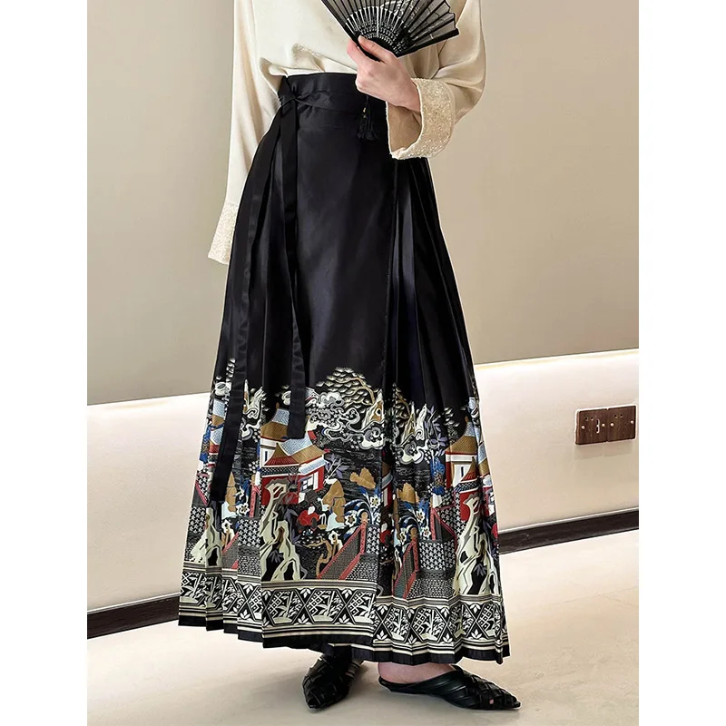 

Firmranch 2024 New Chinese Style Hanfu Horse Face Skirt Female 2024 Spring Summer Vintage Maxi Pleated Dress