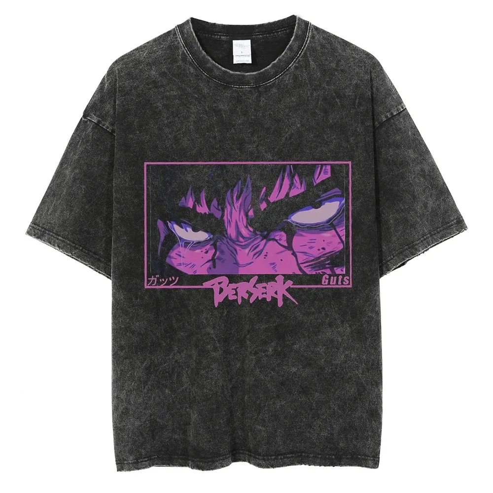 Berserk Print T-shirt Men Women Washed Vintage Japan Anime Oversize Streetwear Harajuku Summer Short Sleeve Tshirt Cotton Tops