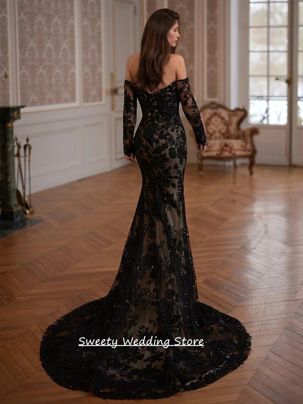 Gothic Wedding Dress Customized Detachable Long Sleeves Sweetheart Sequined Applique Illusion Mermaid Bridal Gown for Lady