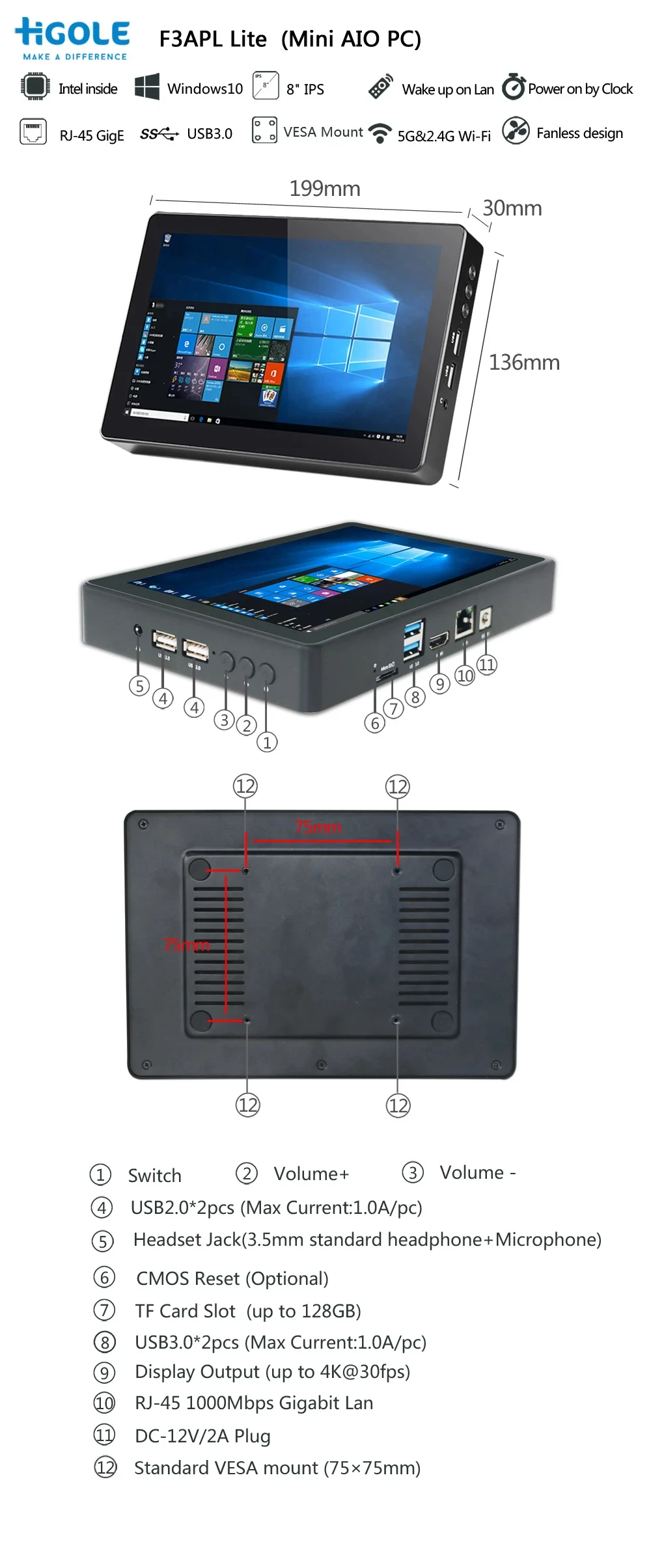 Imagem -02 - Fanless Mini pc Intel N3350 Windows 10 Wifi 4g 64g Tela Sensível ao Toque Tudo em um Desktop Tablet Computador Industrial Higole-f3apl