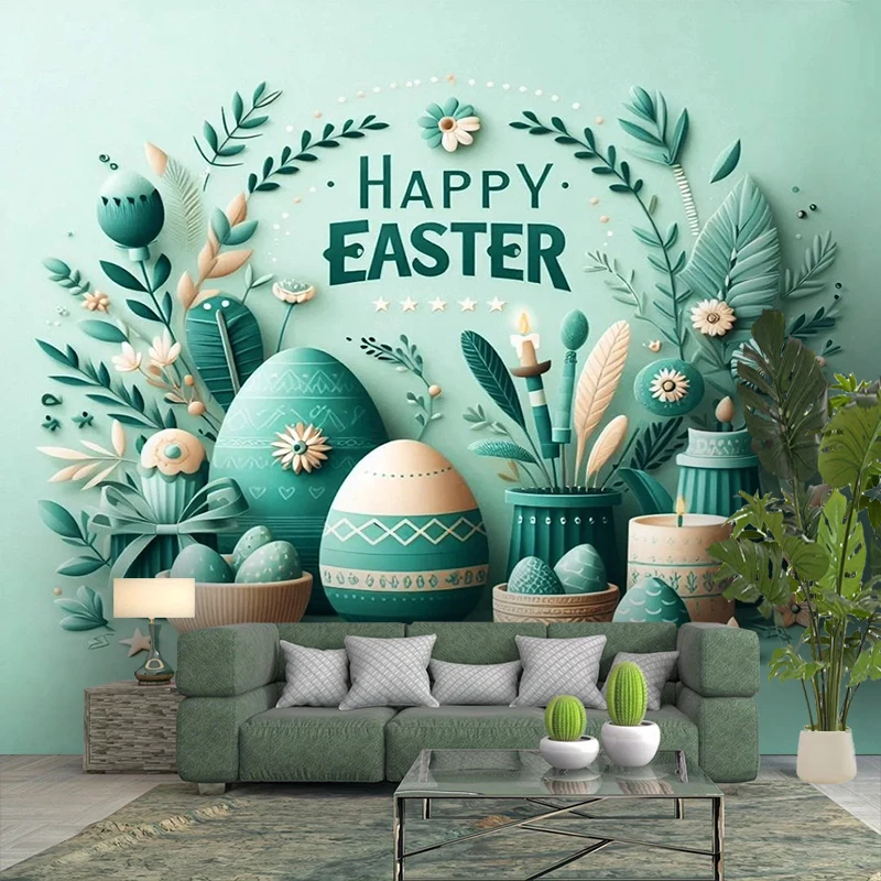 1PC Easter Green Egg Floral Art Print Backdrop Banner, Bedroom Living Room Photo Background, Polyester, Home Decor, Wall Art