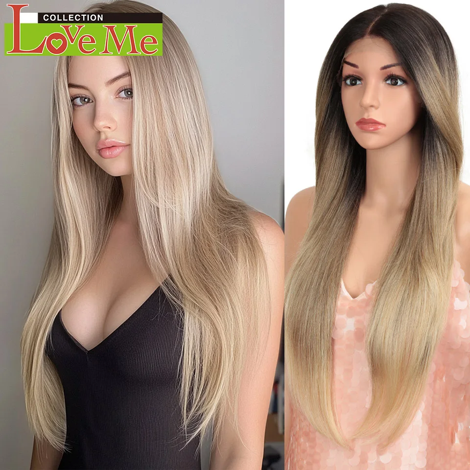 LOVE ME 28inch Straight Lace Front Wigs Synthetic Lace Frontal Wig Easy Ombre Blonde Lolita Hair Cosplay Wigs For Women