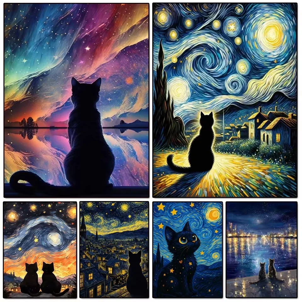 Resin Art Work - Diamantmalerei Schwarze Katze Sternennacht Mosaik Handgemachtes