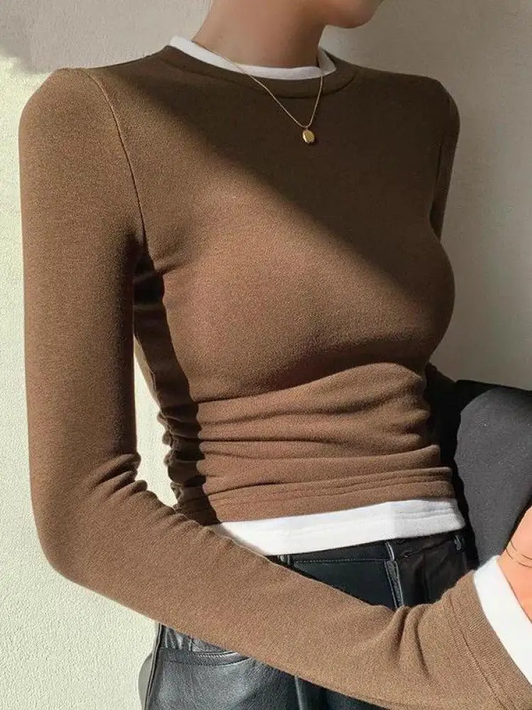 

Spring Autumn Korean Fashion Patchwork Long Sleeved Tops Women's Clothing Round Neck Elegant Festival Short T Shirt Trend Casual