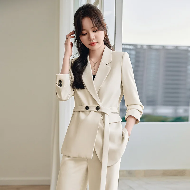 Apricot-colored waist-cinching blazer for women, spring and autumn elegant goddess-style professional attire, high-end suit jack