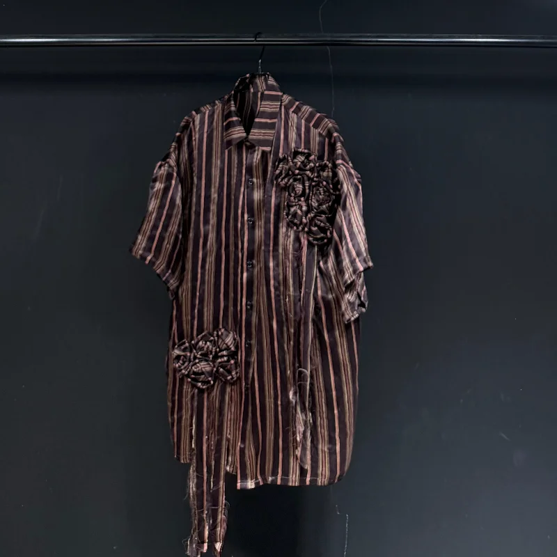 MWJLPWQ Vintage Stripe Satin Oversized Shirt Floral Decor Tassel Fringe Short Sleeve Top Mens Simple Street Daily Outfit 16762