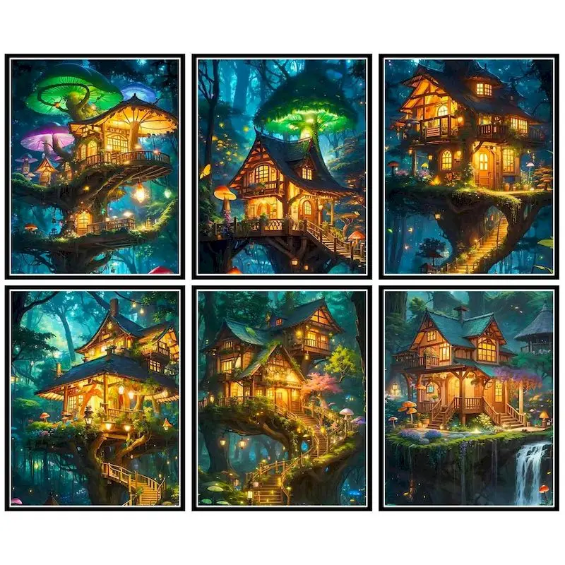 

GATYZTORY DIY Paint By Number Fantastic Forest Tree House Scenery Wall Art Picture By Numbers Acrylic Canvas Painting For Decor