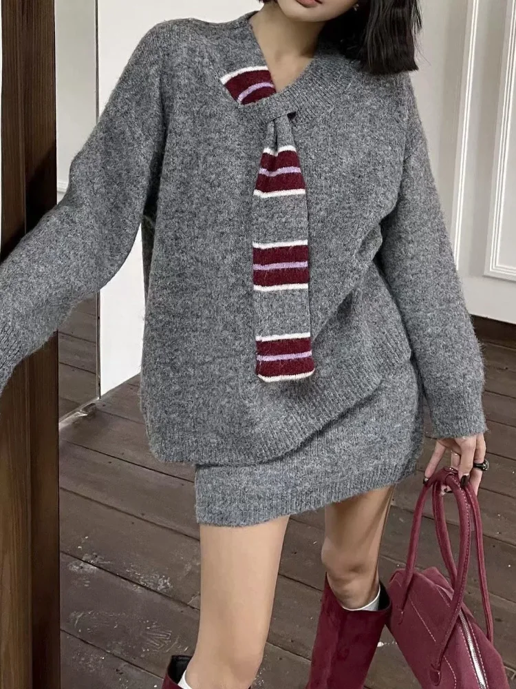 المرقعة فضفاض محبوك سترة Conjuntos المرأة عادية الكورية موضة مخطط مجموعات لينة تنورة قصيرة فضفاضة 2 قطعة مجموعة #4