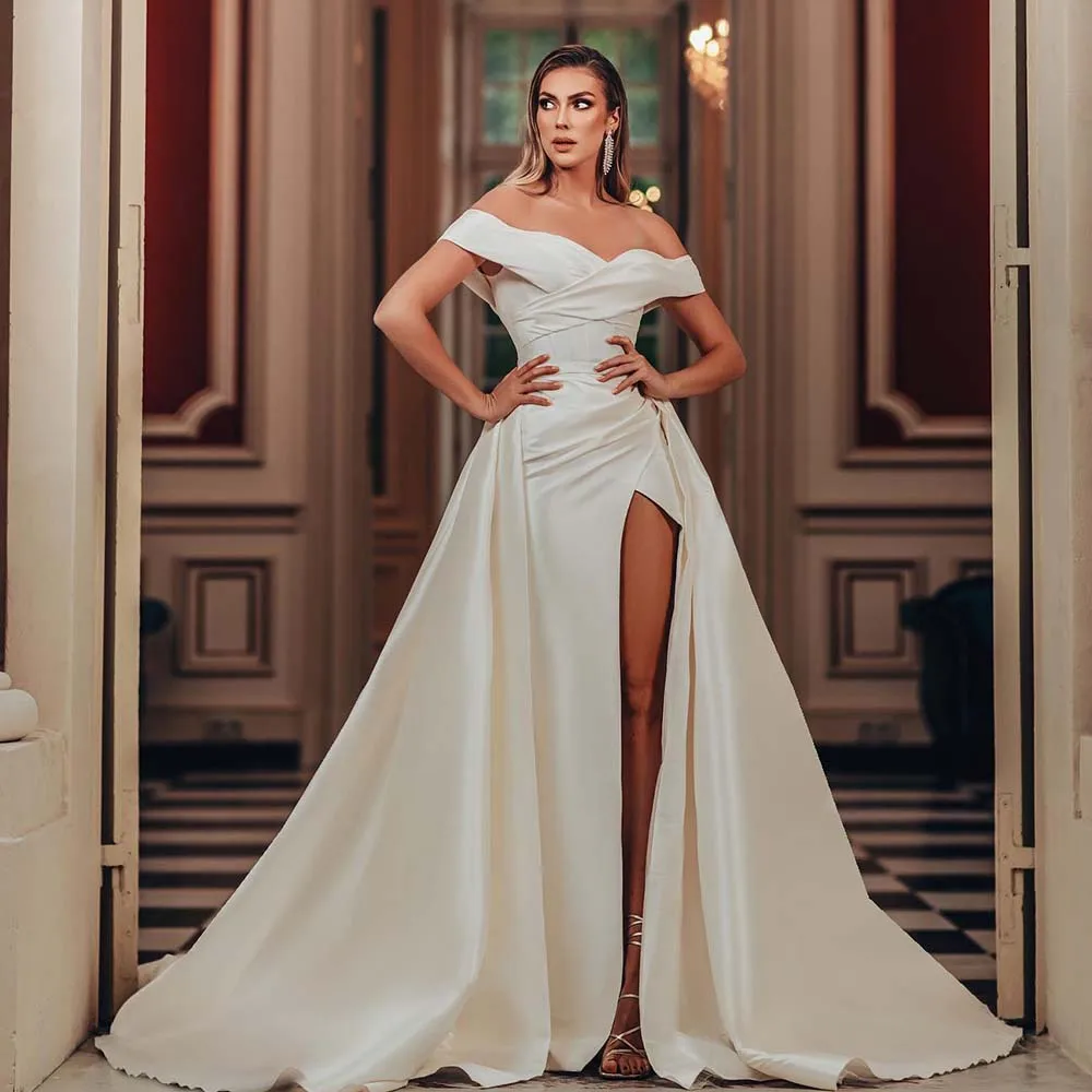 

Popular Soft Satin Off The Shoulder Sheath/Mermaid Wedding Dresses Side Slit With Detachable Train 2024 Vestido De Noival